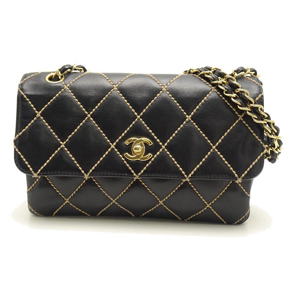 Chanel Chain Shoulder Bag Wild Stitch Leather Black